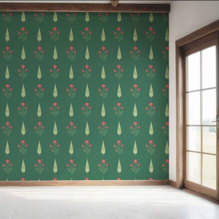 'Farben' Botanical/ Floral Block Print Wallpaper (Emerald Green/ Red) - Image 7