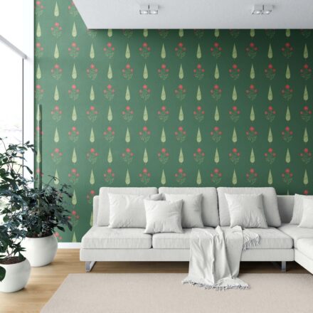 'Farben' Botanical/ Floral Block Print Wallpaper (Emerald Green/ Red) - Image 6