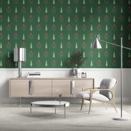 'Farben' Botanical/ Floral Block Print Wallpaper (Emerald Green/ Red) - Image 2