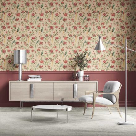 'Lagoon' Floral Chinoiserie/ Nature Bird Print Wallpaper (Peach/ Red/ Green/ Yellow) - Image 2