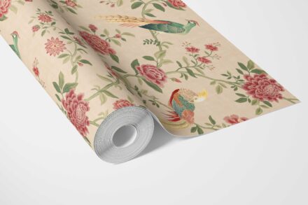 'Lagoon' Floral Chinoiserie/ Nature Bird Print Wallpaper (Peach/ Red/ Green/ Yellow) - Image 3