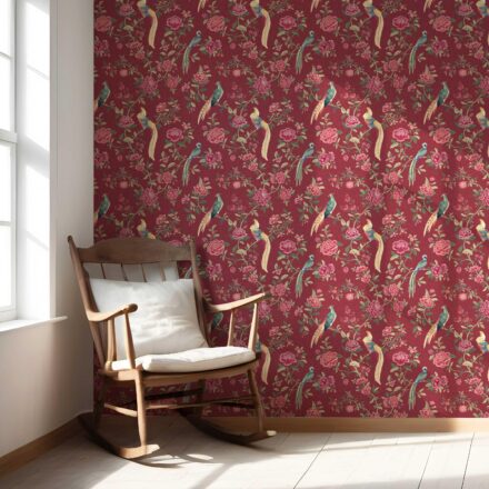 'Enchanted Forest' Floral Chinoiserie/ Nature Bird Print Wallpaper (Red/ Pink/ Green/ Yellow) - Image 5