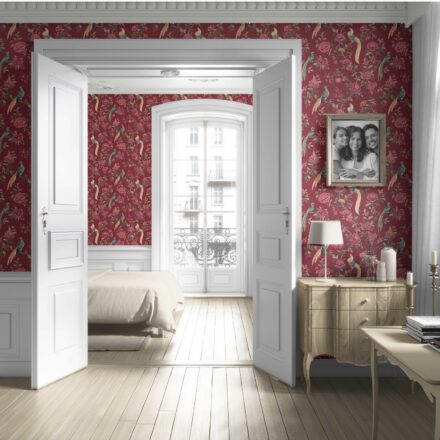 'Enchanted Forest' Floral Chinoiserie/ Nature Bird Print Wallpaper (Red/ Pink/ Green/ Yellow) - Image 4