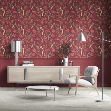 'Enchanted Forest' Floral Chinoiserie/ Nature Bird Print Wallpaper (Red/ Pink/ Green/ Yellow) - Image 2