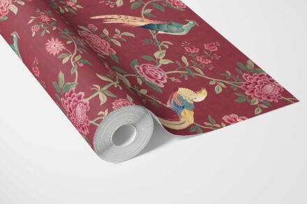 'Enchanted Forest' Floral Chinoiserie/ Nature Bird Print Wallpaper (Red/ Pink/ Green/ Yellow) - Image 3