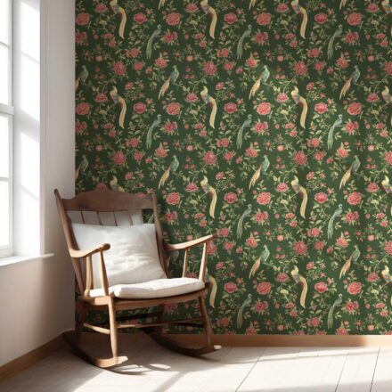 'Horizon View' Floral Chinoiserie/ Nature Bird Print Wallpaper (Green/ Pink/ Yellow) - Image 5