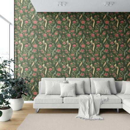 'Horizon View' Floral Chinoiserie/ Nature Bird Print Wallpaper (Green/ Pink/ Yellow) - Image 6