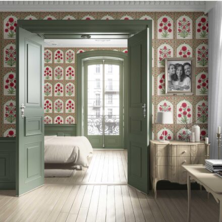 'Envy' Vintage Ethnic Floral Block Print Wallpaper (Red/ Pink/ Green) - Image 4