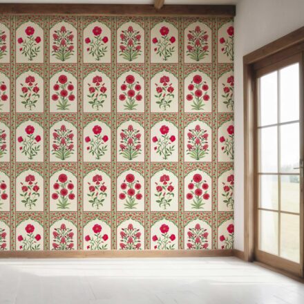'Natural Can' Vintage Ethnic Floral Block Print Wallpaper (Red/ Pink/ Green) - Image 7