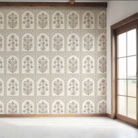 'Senecio' Neutral Vintage Ethnic Floral Block Print Wallpaper (Beige/ Taupe/ Cream) - Image 7