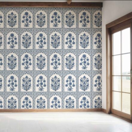 'Ferentino' Vintage Ethnic Floral Block Print Wallpaper (Navy Blue/ Cream) - Image 7