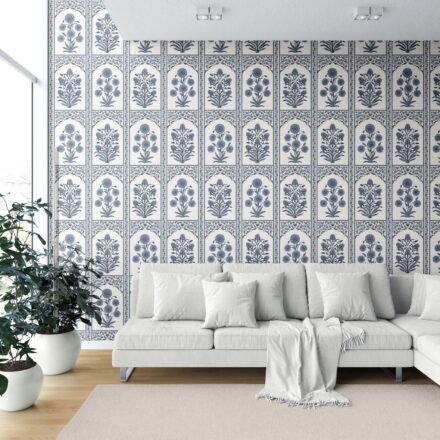 'Ferentino' Vintage Ethnic Floral Block Print Wallpaper (Navy Blue/ Cream) - Image 6