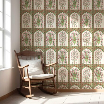 'Orca' Vintage Ethnic Floral Block Print Wallpaper (Pink/ Red/ Green) - Image 5