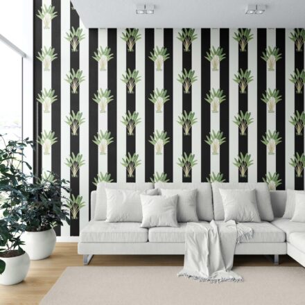 'Echota' Geometric Floral Striped Wallpaper (Black/ White/ Green) - Image 6