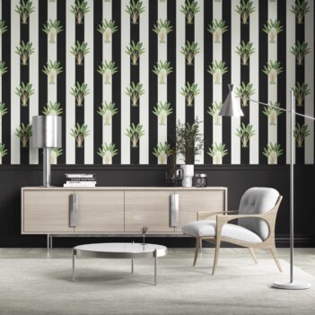 'Echota' Geometric Floral Striped Wallpaper (Black/ White/ Green)
