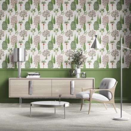 'Aromatic' Bohemian Botanical Floral Block Print Wallpaper (Green/ Pink/ Red/ White)