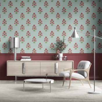 'Gibbon' Botanical Floral Block Print Wallpaper (Blue/ Red-Pink/ Green)