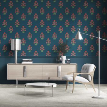 'Kirosi' Botanical Floral Block Print Wallpaper (Teal Blue/ Red-Pink/ Green)