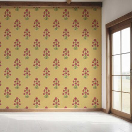 'Madhuvan' Botanical Floral Block Print Wallpaper (Yellow/ Red-Pink/ Green) - Image 7