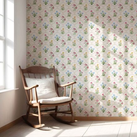 'Olea' Vintage-Inspired Floral Block Print Wallpaper (White/ Beige/ Pink/ Green/ Red/ Yellow/ Blue) - Image 5