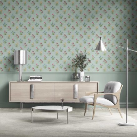'Pissarro' Vintage-Inspired Floral Block Print Wallpaper (Duck Egg Blue/ Pink/ Red/ Yellow/ Green) - Image 2