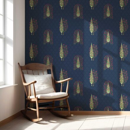 'Yalova' Botanical/ Floral Print Wallpaper (Navy Blue/ Pink/ Green) - Image 5