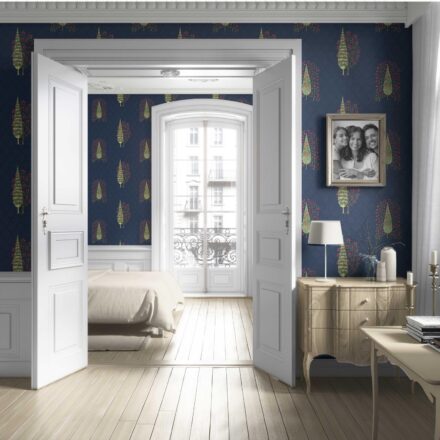 'Yalova' Botanical/ Floral Print Wallpaper (Navy Blue/ Pink/ Green) - Image 4