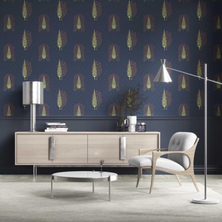 'Yalova' Botanical/ Floral Print Wallpaper (Navy Blue/ Pink/ Green)