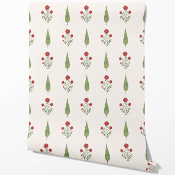 'Monogram' Botanical/ Floral Block Print Wallpaper (White/ Red/ Green)