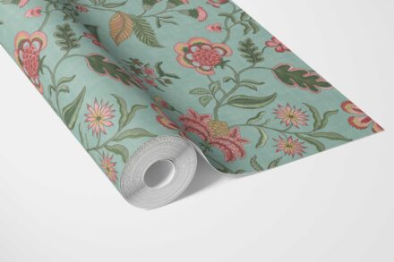 'Barona' Botanical/ Floral Chinoiserie Wallpaper (Blue-Green/ Pink/ Red) - Image 3