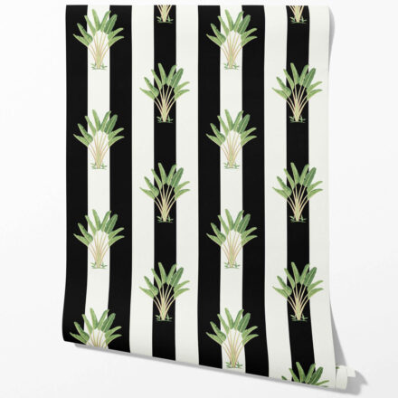 'Echota' Geometric Floral Striped Wallpaper (Black/ White/ Green) - Image 2