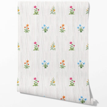 'Atlas' Floral Striped Block Print Wallpaper (Gray/ Pink/ Green/ Blue)