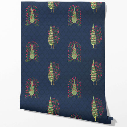 'Yalova' Botanical/ Floral Print Wallpaper (Navy Blue/ Pink/ Green) - Image 2