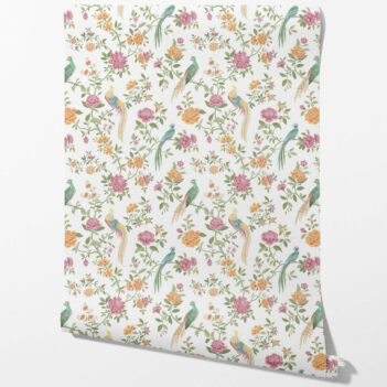 'Tortilla' Floral Chinoiserie/ Nature Bird Print Wallpaper (Pink/ Green/ Yellow)