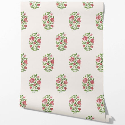 'Verbena' Floral Block Print Wallpaper (White/ Green/ Pink-Red) - Image 2