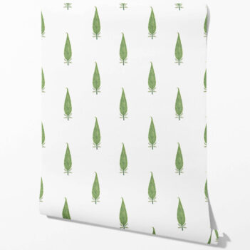 'Birch Grove' Modern Botanical Floral Block Print Wallpaper (Green/ White)