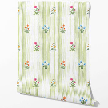 'Penguins' Floral Striped Block Print Wallpaper (Green/ Pink/ Blue/ Yellow/ Orange)