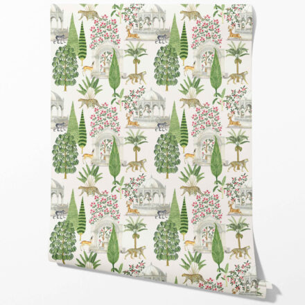 'Narwhal' Vintage Heritage/ Ethnic Chinoiserie Wallpaper (White/ Green/ Pink/ Tan) - Image 2