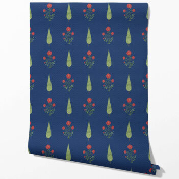'Faery Forest' Botanical/ Floral Block Print Wallpaper (Navy Blue/ Red/ Green)