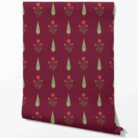 'Woven Slats' Botanical/ Floral Block Print Wallpaper (Red/ Maroon/ Green)