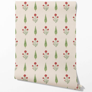 'Bay Boutique' Botanical/ Floral Block Print Wallpaper (Beige/ Red/ Green)