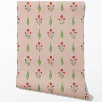 'Pastry Puff' Botanical/ Floral Block Print Wallpaper (Pink/ Red/ Green)