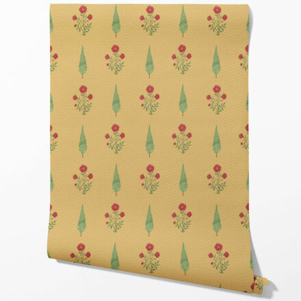 'Beluga' Botanical/ Floral Block Print Wallpaper (Yellow/ Red/ Green)