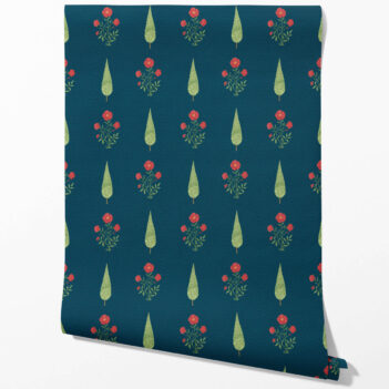 'Aardvark' Botanical/ Floral Block Print Wallpaper (Teal Blue/ Red/ Green)