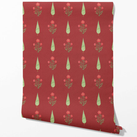 'Bolsena' Botanical/ Floral Block Print Wallpaper (Red/ Pink/ Green)