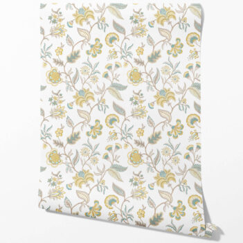 'Tea Joie' Botanical/ Floral Chinoiserie Wallpaper (Yellow/ Blue/ Beige)
