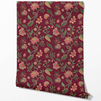 'Bumblebee' Botanical/ Floral Chinoiserie Wallpaper (Maroon/ Red/ Pink/ Green)