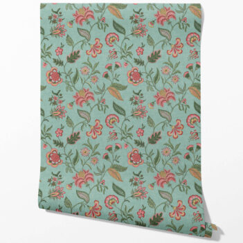 'Barona' Botanical/ Floral Chinoiserie Wallpaper (Blue-Green/ Pink/ Red)