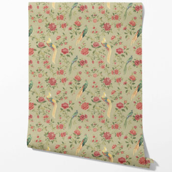 'Fired Ice' Floral Chinoiserie/ Nature Bird Print Wallpaper (Olive Green/ Red/ Yellow)
