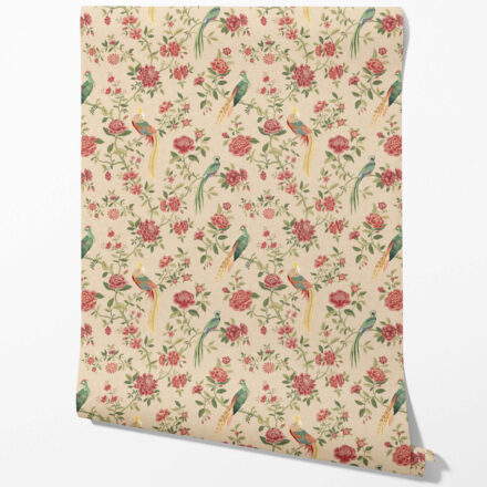 'Lagoon' Floral Chinoiserie/ Nature Bird Print Wallpaper (Peach/ Red/ Green/ Yellow)